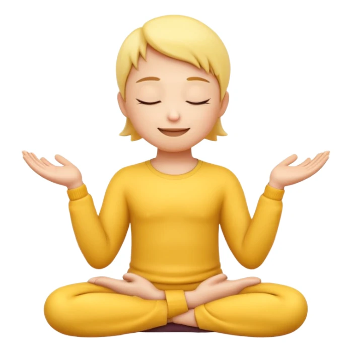 A 3D Apple-style yellow round emoji sitting in a lotus position, eyes gently closed, calm and peaceful smile, hands resting on knees with palms facing upward, relaxed eyebrows, soft glow around the emoji to symbolize inner peace, clean minimal background. sticker
