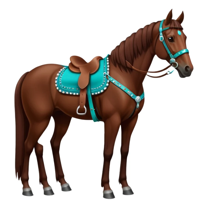 Dark chestnut horse with turquoise western tack full body standing still sticker