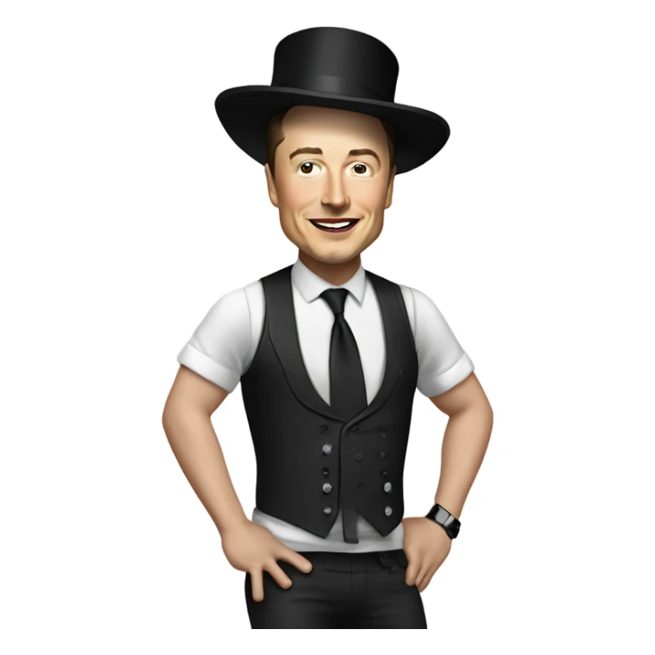Elon musk doing the conga dance with a top hat on and a crop top with booty shorts sticker
