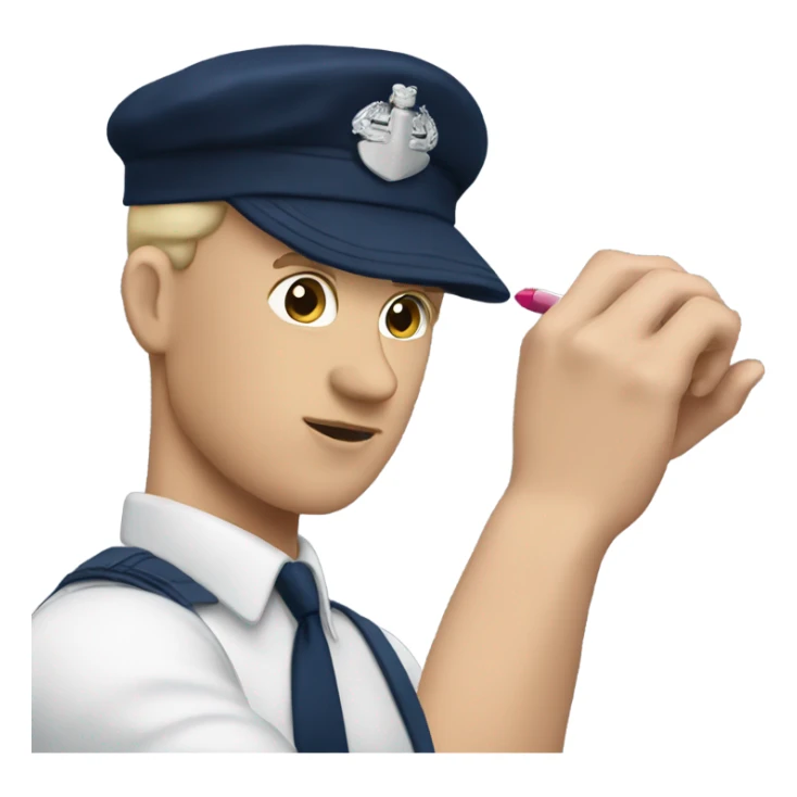 A  white man putting on lipstick in a navy outfit  sticker