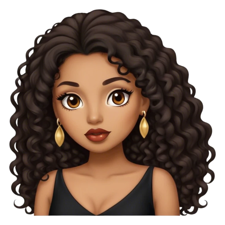 light brown skin tone, very beautiful woman, with big plump lips, long long lashes, black curly long hair, brown eyes, black dress sticker