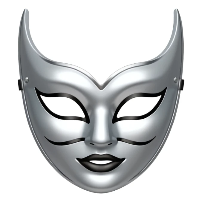 A sleek masquerade mask emoji made of polished silver chrome, smooth sensual curves, reflective metallic surface, mysterious sexy luxury vibe, minimal iOS emoji style, centered, clean white background sticker