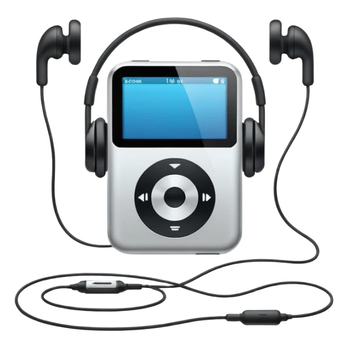 Futuristic iPod emoji with earphones, metallic black and white, smooth reflective surfaces, flat minimal vector design, clean UI style sticker