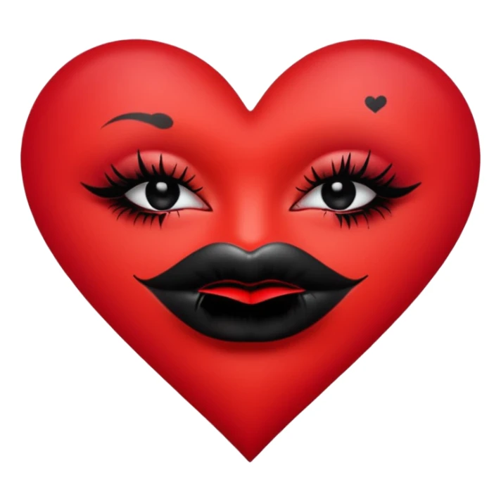 A solid red gradient heart, with three black lipstick kiss marks of different angles printed on it, retro matte texture, high contrast, clean edges, sticker style, romantic and sexy vibe, minimalist 2D illustration, no background
 sticker