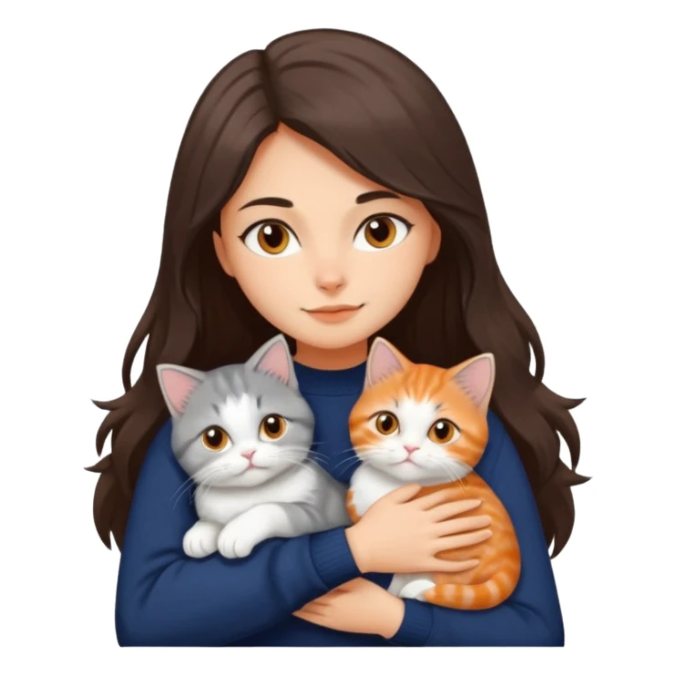a girl with long dark brown hair, in a navy sweater, hugs a persian peaknose grey cat and persian peaknose orange and white kitten and a persion peaknose brown tabby and white cat sticker