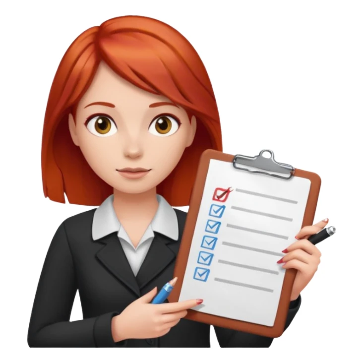 woman with red hair, holding a checklist sticker
