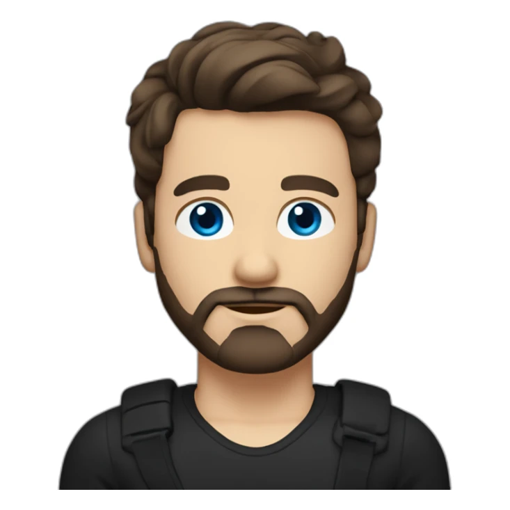 White man with a slight sun kissed tan, blue eyes and dark brown hair. He has a beard and mustache trimmed. Wears black clothing and wears his hair styled sideways backwards. sticker
