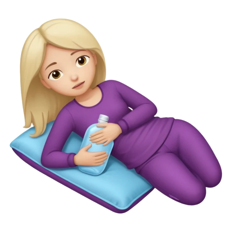 A girl, lying on her side suffering from menstrual cramps, has a hot water bottle on her stomach. sticker
