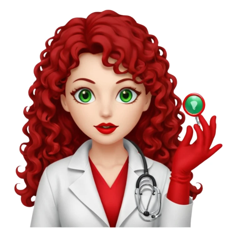 Lilith symbol sexy evil woman. She has green eyes.  had brown long curly hair.  evil surgeon kills with scalpel wears red sexy doctor coat with red mouth cover red gloves. Covers nose, neck  and mouth with red cloth sticker