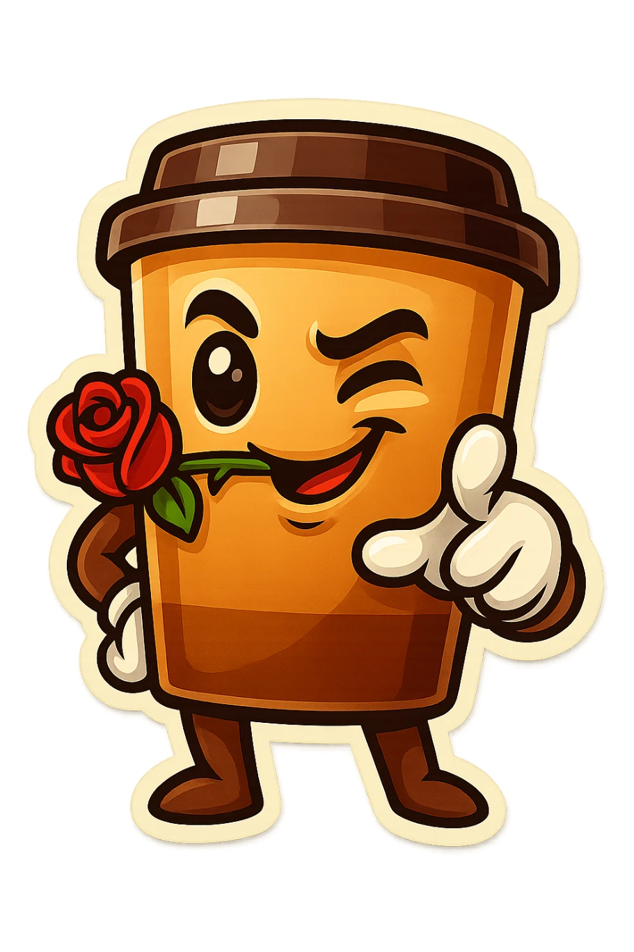 Tall coffee cup, rose in mouth, wiggle eyebrow, smirk, pointing at viewer sticker