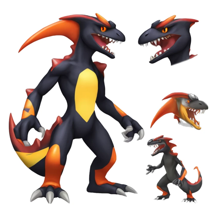 Black, Red, Orange, Yellow, White, Modern, Cool, Edgy, Badass Punk-style Garchomp-Charmeleon-Sergal Fakémon-Digimon with sharp edgy striking detailed stripe-markings,  full body sticker
