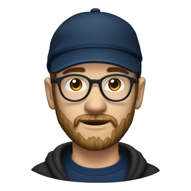 a white dude with a brown beard and sideburns and thin frame glasses wearing a black newsboy hat a navy blue pull over hoodie and dark blue t shirt sticker