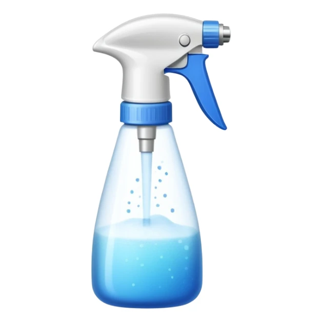 An emoji of a spray bottle actively spraying mist. A fine mist of tiny particles is visible in the air as the nozzle releases the spray. Can resemble a perfume, cologne, or cleaning product. Transparent bottle with a trigger or press nozzle, slightly tilted while spraying sticker