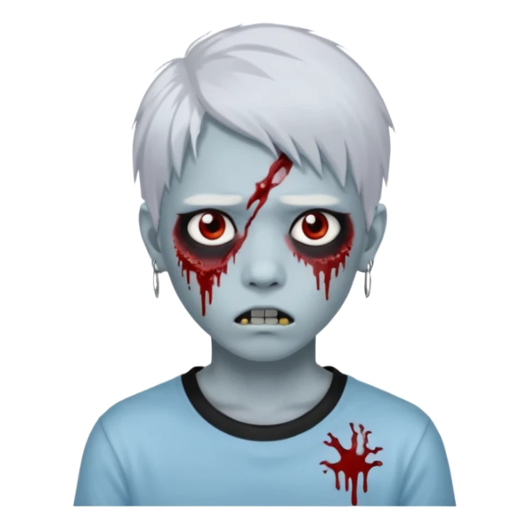 Create a 3D emoji-style avatar with very pale blue-grey zombie skin like the reference image, a young Asian face, and large eyes with blood tears. Give it white mullet-style hair, silver hoop earrings, and a simple black T-shirt. The expression should be neutral or slightly angry sticker
