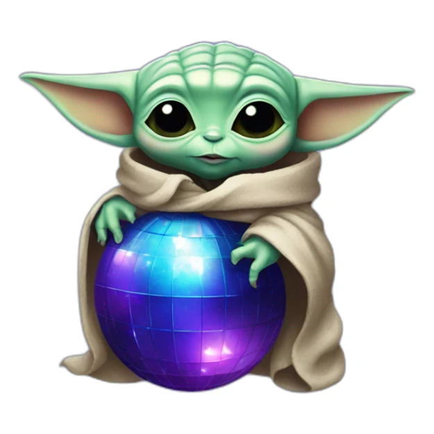 Baby yoda hugging a blue and purple disco ball sticker
