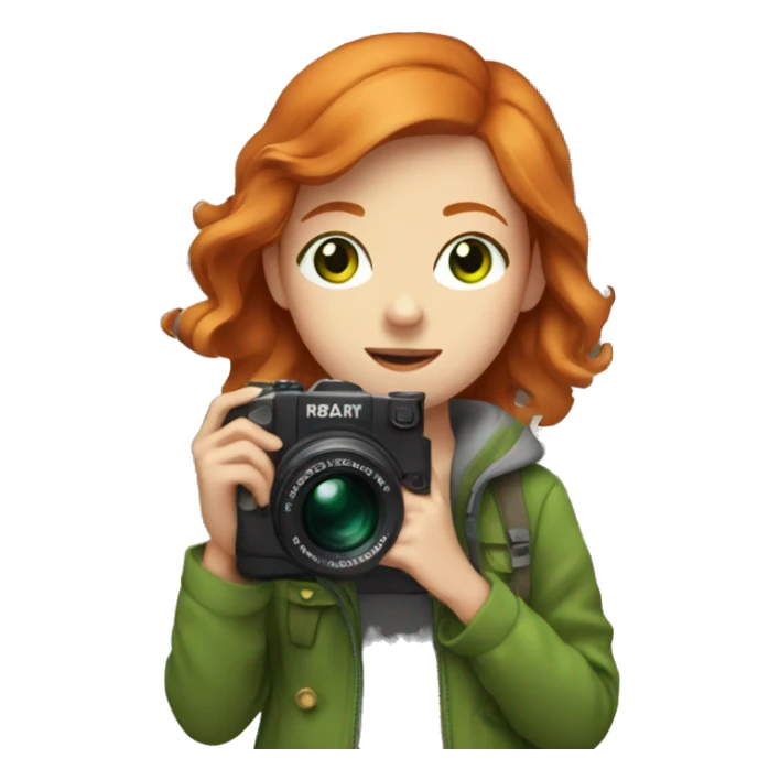 Girl with ginger hair,green eyes,wearing camera,surrounded with architecture sticker