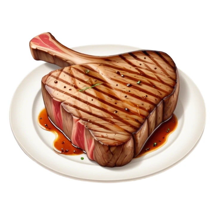 Cinematic thick-cut t-bone steak, perfectly seared with grill marks, a grilled center, rich and savory, warm glow, sizzling and mouthwatering, highly detailed and appetizing. sticker