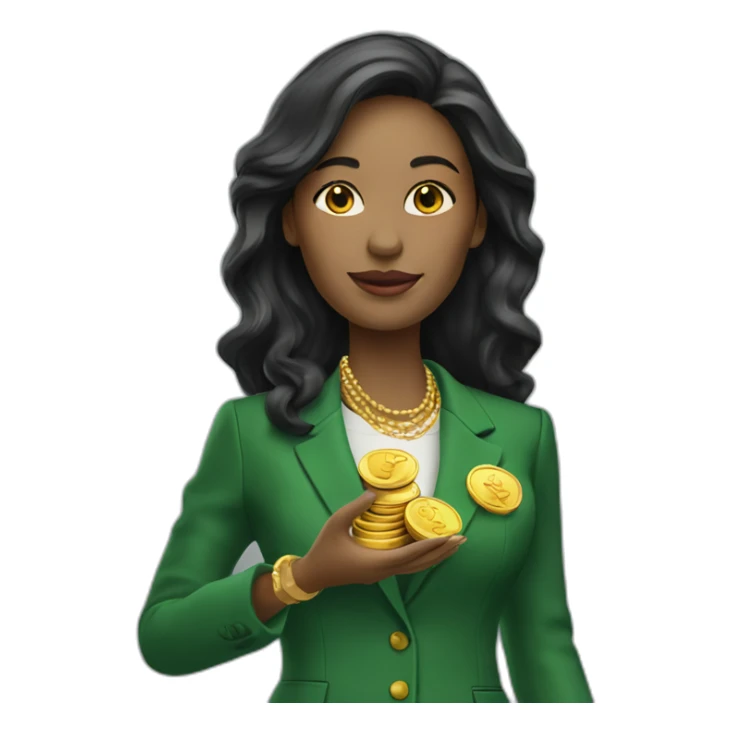 Posh-woman-with-green-suit-holding-golden-coins sticker