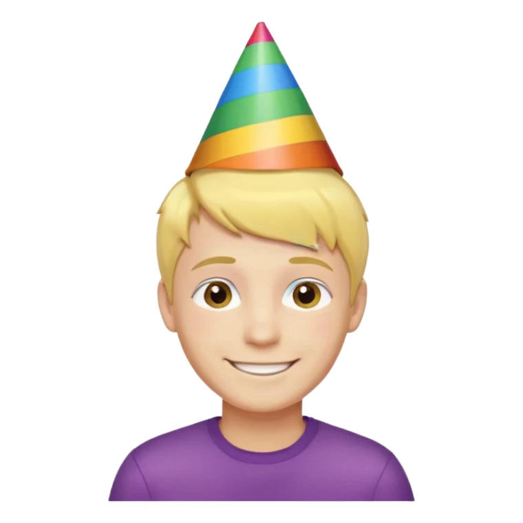 Young man, short yellow hair, rainbow birthday hat, happy sticker