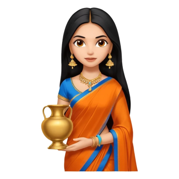 generate a pretty bratz Deepika Padukone with long black hair middle parted.
Wearing an orange saree with a blue blouse, golden jhumkas
SHe shoudl look like deepika padukone. dark brown eyes and carrying an urn sticker