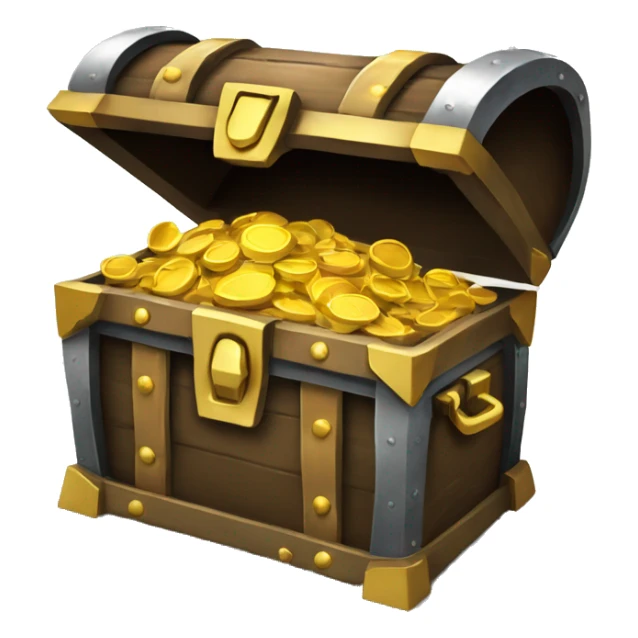 A wide, dark treasure chest with the lid open, showing gold coins sticker