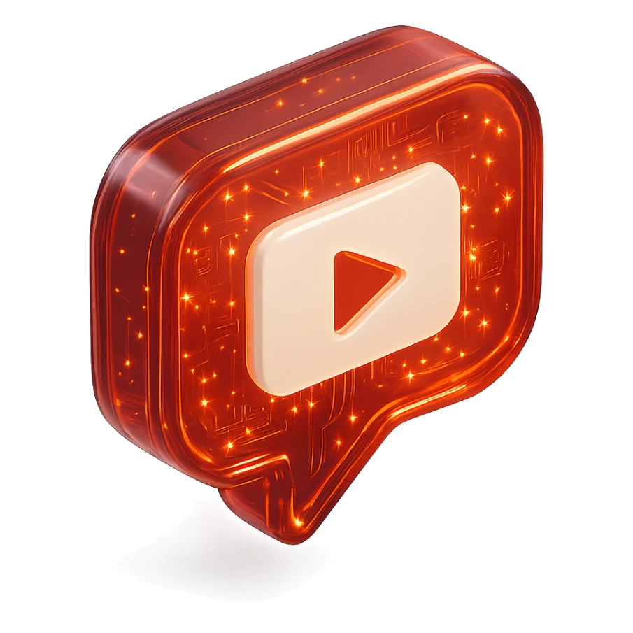 red speech bubble with inside a big red YouTube white play button, very glossy circuit style, lot of glow sticker