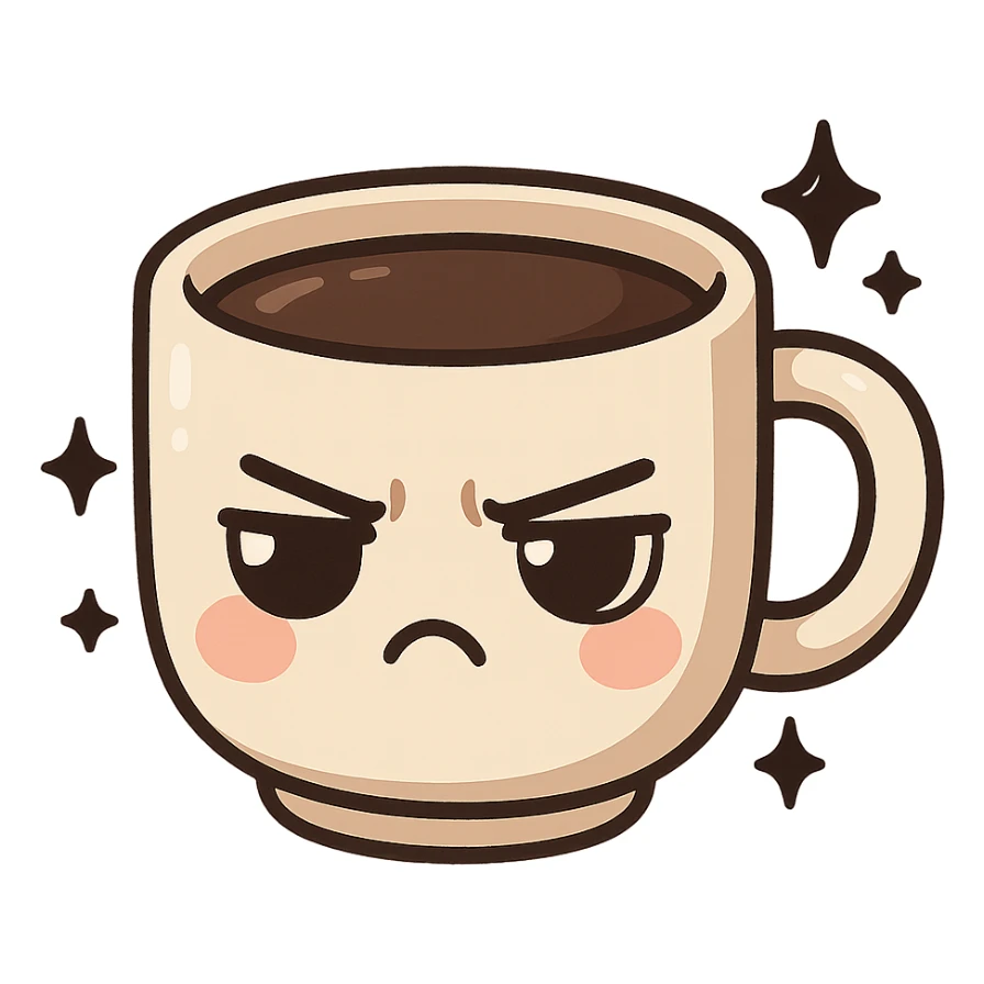 chibi sticker-style coffee cup with black sparkles and a moody expression, cute and exaggerated sticker
