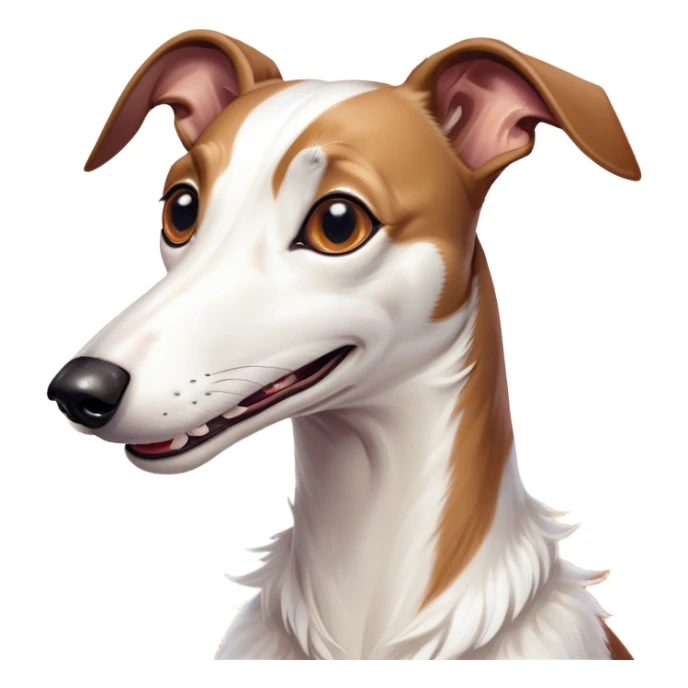 Cinematic Comical White and Brown Greyhound Portrait Emoji, Head tilted dramatically with an exaggeratedly amused expression, featuring a striking white Fur with dynamic brown accents, wide, expressive eyes filled with playful disbelief, Simplified yet hilariously expressive features, highly detailed, glowing with a slightly sassy glow, high shine, dramatic yet playful, stylized with an air of cheeky mischief, bright and endearing, soft glowing outline, capturing the essence of a spirited and over-the-top racer, so meme-worthy it feels like it could side-eye its way into internet fame instantly! sticker