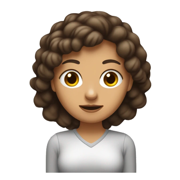 mujer blanca con ojos color almendra y cabello marron oscuro, con n linar en la mejilla izquierda con laptop en mano  sticker