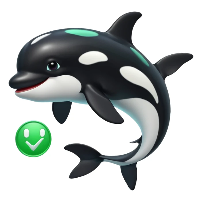 3d Cartoon orca with a green tick icon next to it sticker