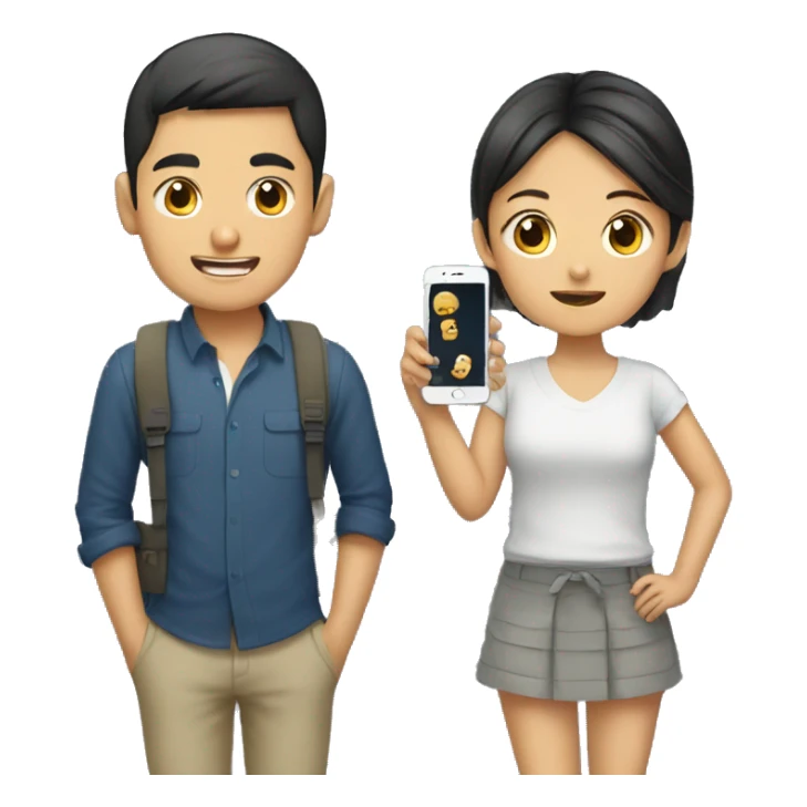 asian boy and girl using phone sticker