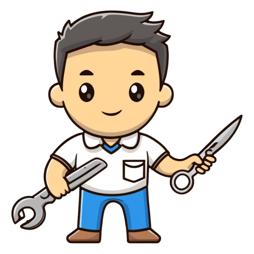 A Ukrainian man in a white embroidered shirt holds a spanner in one hand and scissors in the other sticker