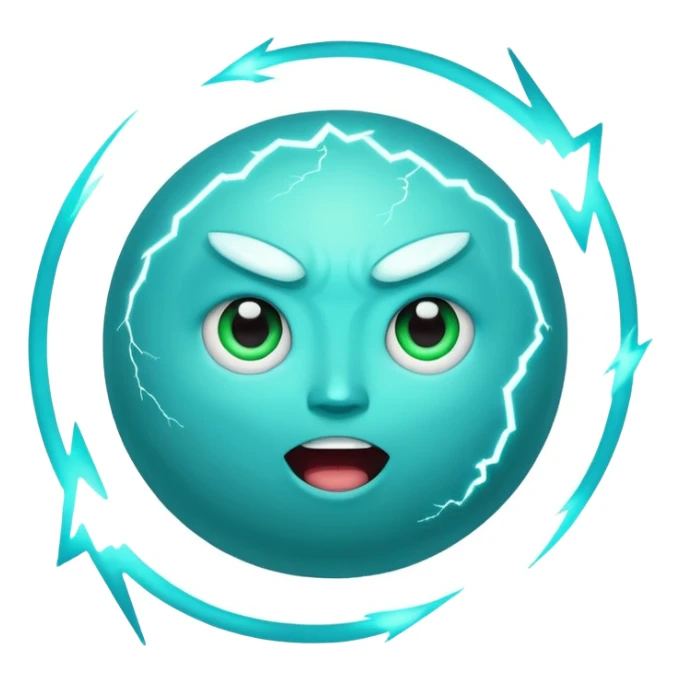 Uranus planet emoji in Apple style, blue-green with dynamic rings, huge fun excited expressive face, prominent bold lightning bolt, symbolizing chaotic unexpected energy sticker