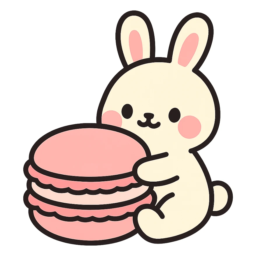 chibi bunny holding a giant macaron, soft pink background, pastel dessert theme, adorable illustration sticker