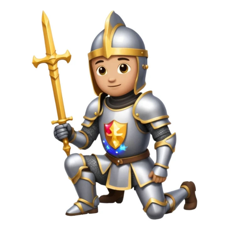 knight kneeling with sparkles, minimal details, emoji style, no text sticker