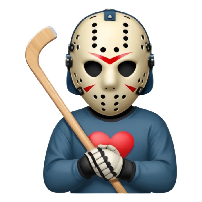 a cartoon image of Jason Voorhees, looking cute, with his hands clasped in front of him, at a sideways angle, looks like he is in love sticker