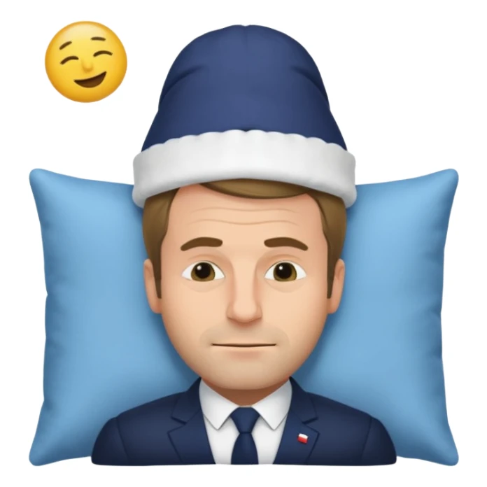 cartoonish French president Macron napping with nightcap, soft pillow, Zzz above head, emoji style sticker