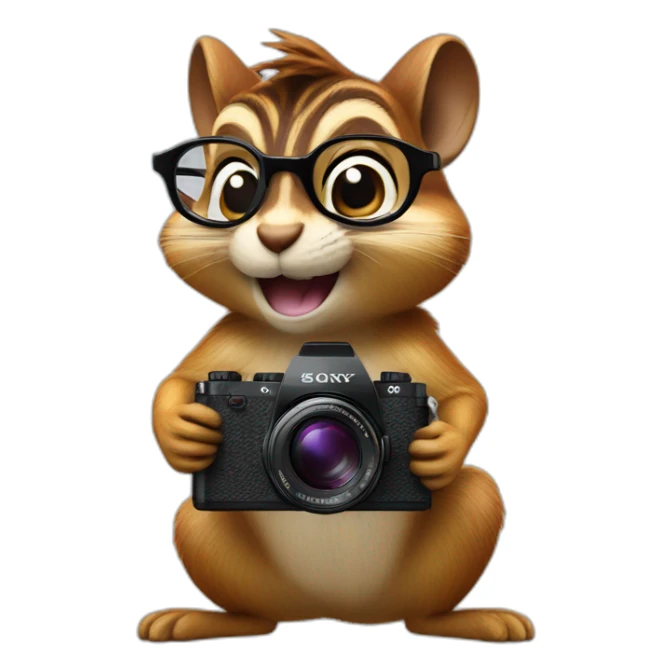 a chipmunk with glasses holds a SONY camera in its paws medium plan sticker