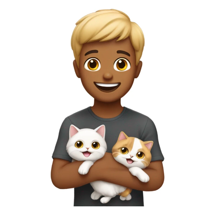 happy boy with two calico persian cats on his hands sticker