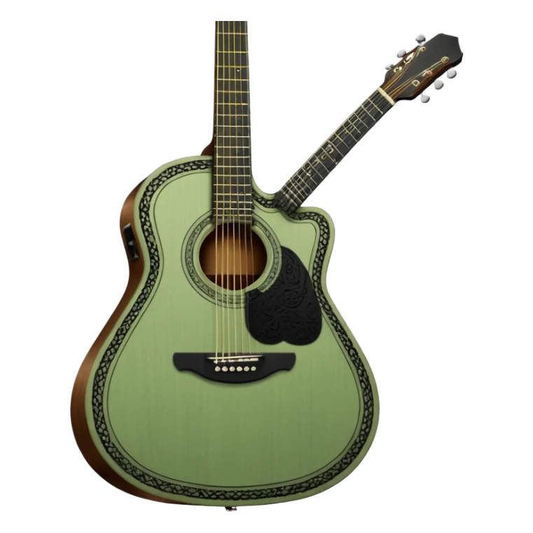 sage green acoustic guitar with black lacy-details sticker