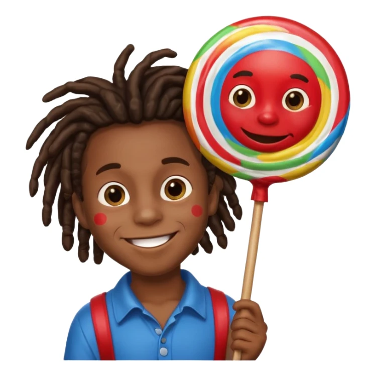 A small black dread lock hair boy holding a giant lollipop, smiling with sticky cheeks. sticker