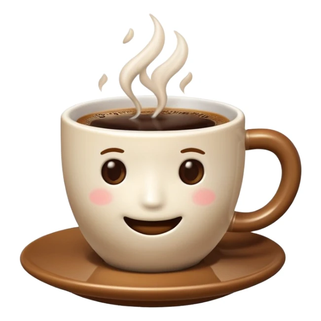 A plain 3D cartoon coffee cup filled with hot coffee, no saucer, light steam rising, glossy ceramic texture, warm soft lighting, realistic Memoji-style on a dark background. sticker
