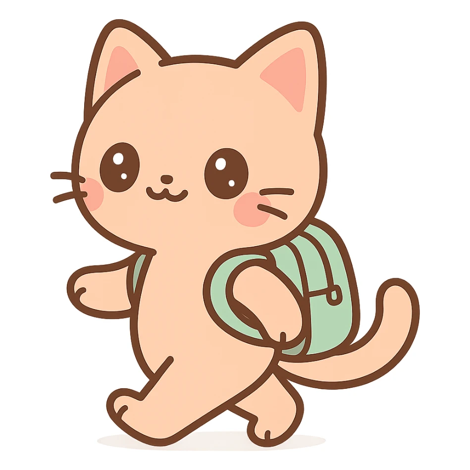 anime style cat with a backpack, walking and smiling sticker