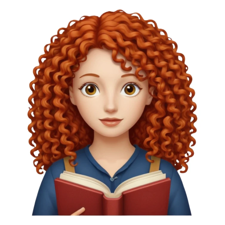 long red and curly haired  women with book with optical  sticker