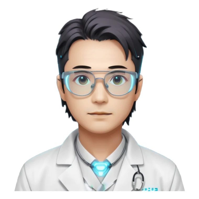 Cyberpunk scientist, Japanese male, high-tech glasses, glowing data reflection on lenses, lab coat collar, neural interface on temple, white neon lighting sticker