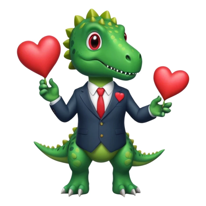 dinosaur in a suit holding hearts sticker