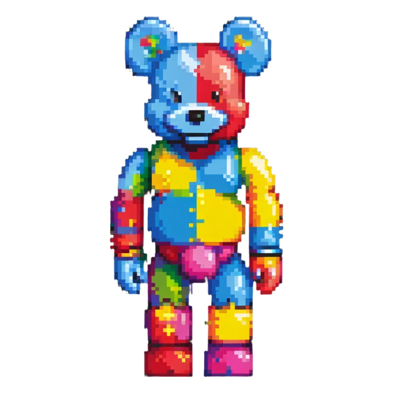 Pixel art KAWS Bearbrick figure with a happy smiling face, bright colors, and blocky bear shape sticker