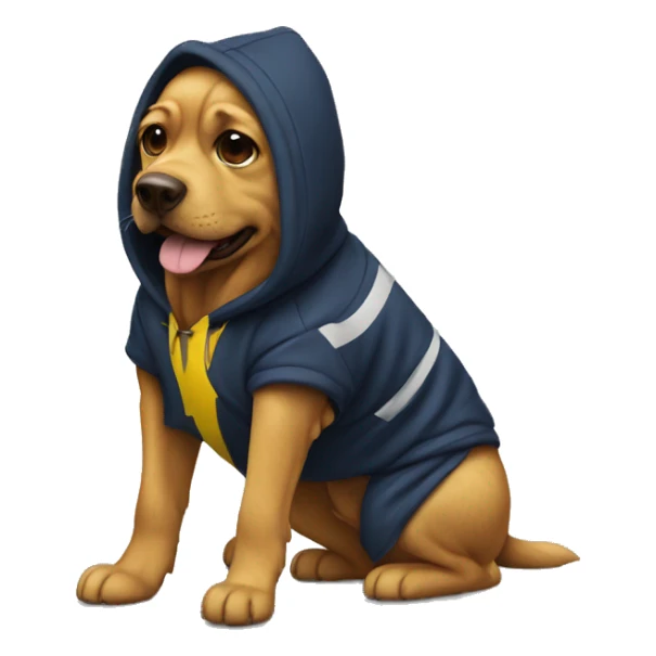 Dog wearing a Michigan hoodie sticker