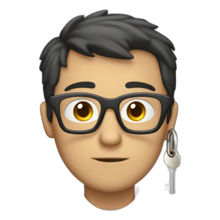 dark-short-haired man with glasses, struggling to fit a key into a lock sticker