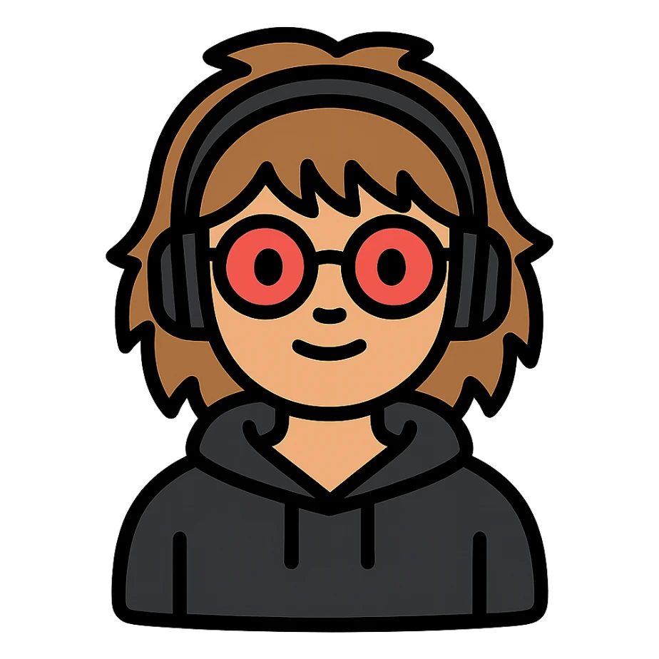 tan brunette girl with a short wolf haircut, round ruby glasses, black headphones, and a black hoodie sticker